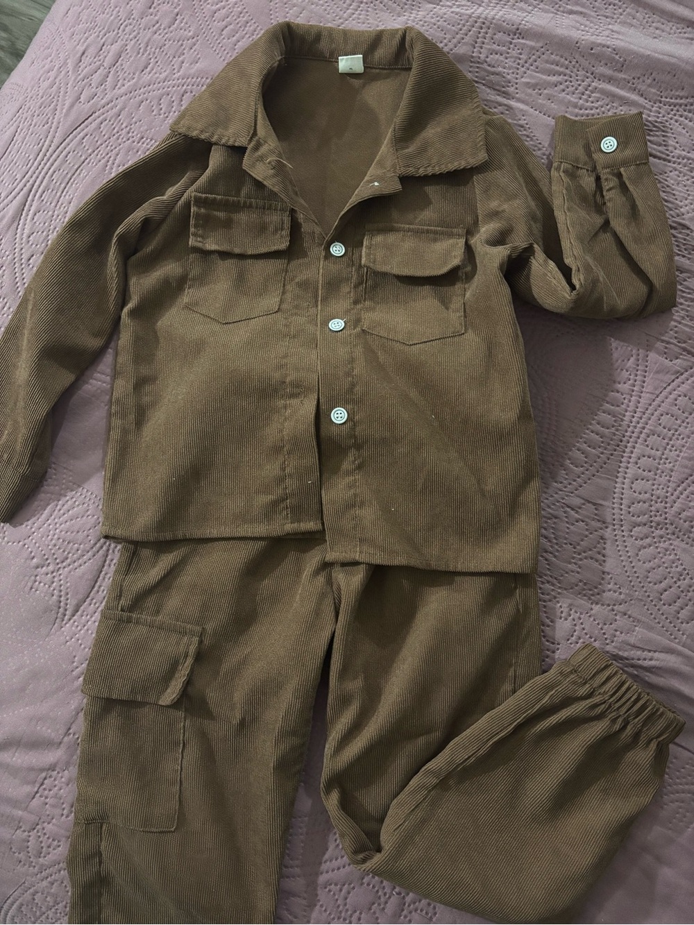 Kids Brown Corduroy Pajama Set - Button Front Top & Elastic Waist Pants